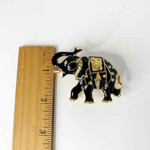 Vintage Elephant Brooch Pin Black Enamel Rhinestone Gold Tone Trunk Up - Picture 4 of 5